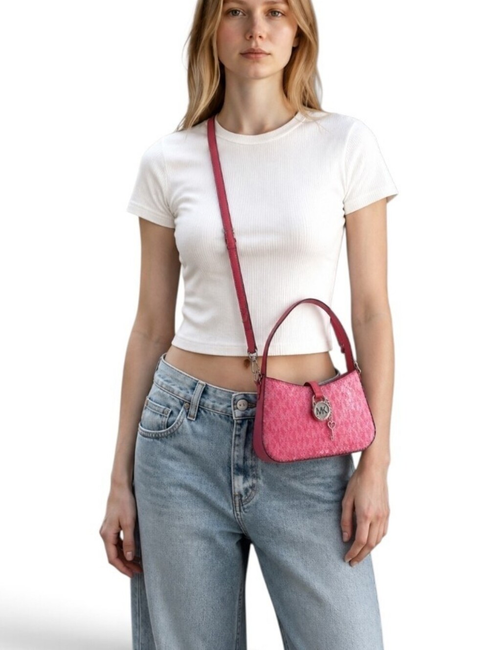 Michael Kors Lyra Super Mini Pink Sequim Leather Crossbody Bag Like New